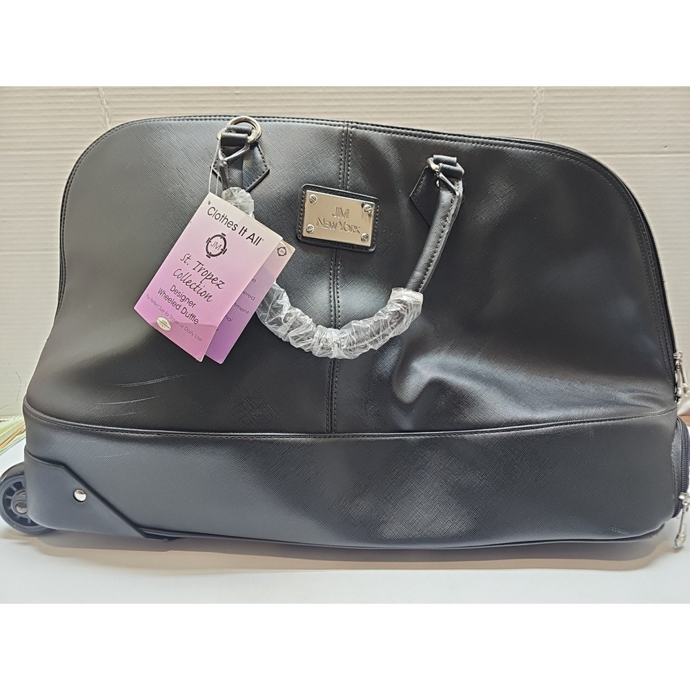 JM New York Black Leather Rolling Duffle Bag St Tropez Luggage 22" X 10" X 14"